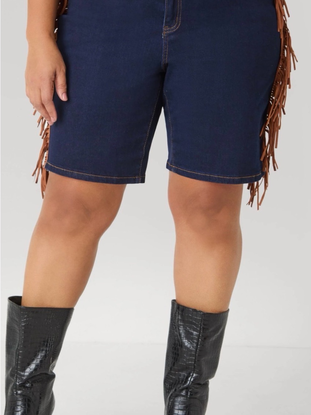 Ashley Stewart Dark Indigo Denim Fringe Denim Shorts
